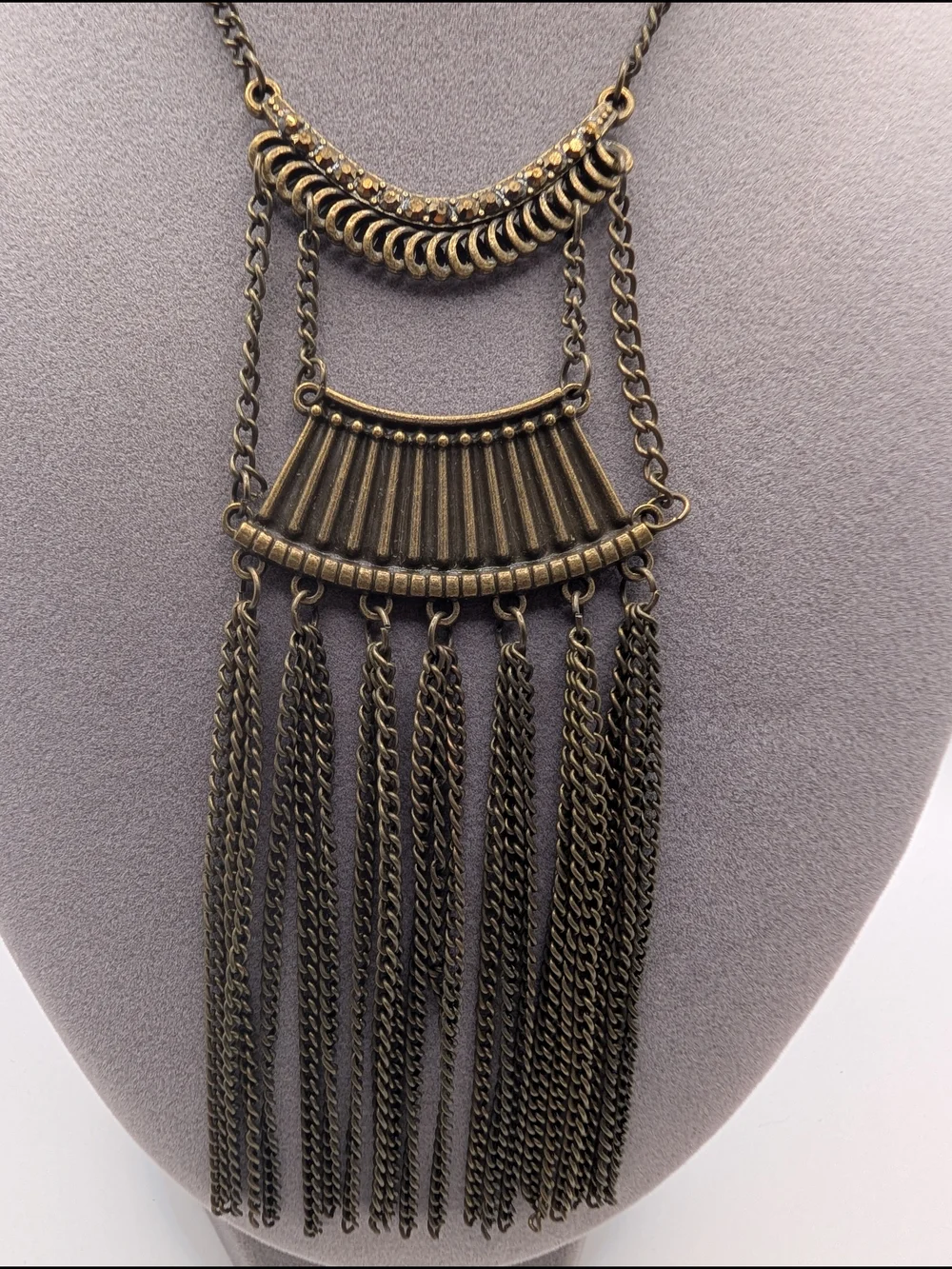 Vintage-Inspired Bronze Tone Fringe Statement Necklace